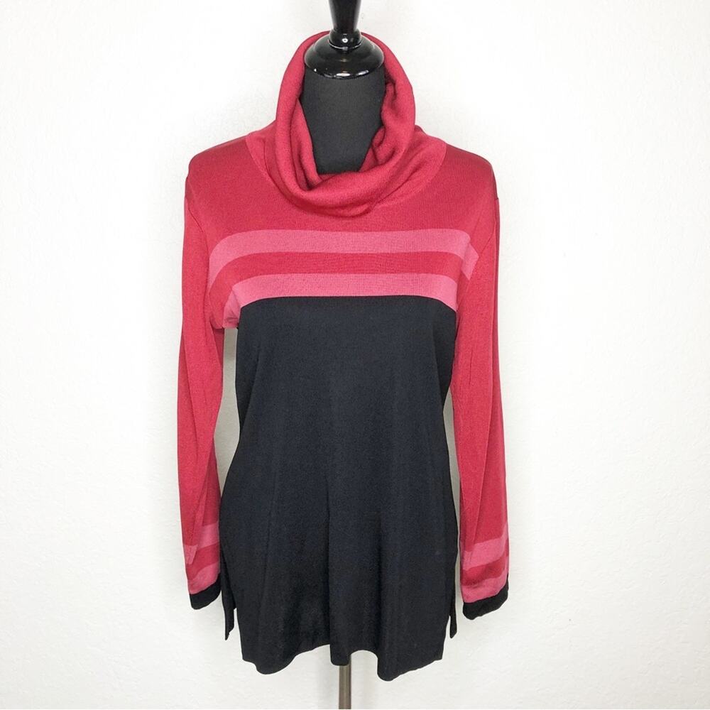 Exclusively Misook red pink and black striped cowl turtleneck knit top Medium